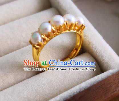 Handmade Chinese Ancient Palace Pearls Ring Jewelry Traditional Ming Dynasty Golden Circlet