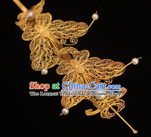 China Classical Filigree Golden Butterfly Hair Stick Traditional Hair Accessories Ming Dynasty Court Hairpin