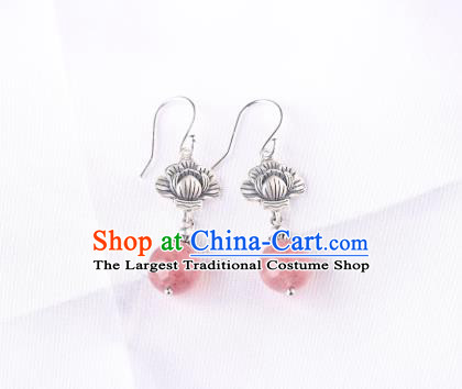 Chinese Classical Strawberry Quartz Ear Accessories Traditional Cheongsam Silver Earrings