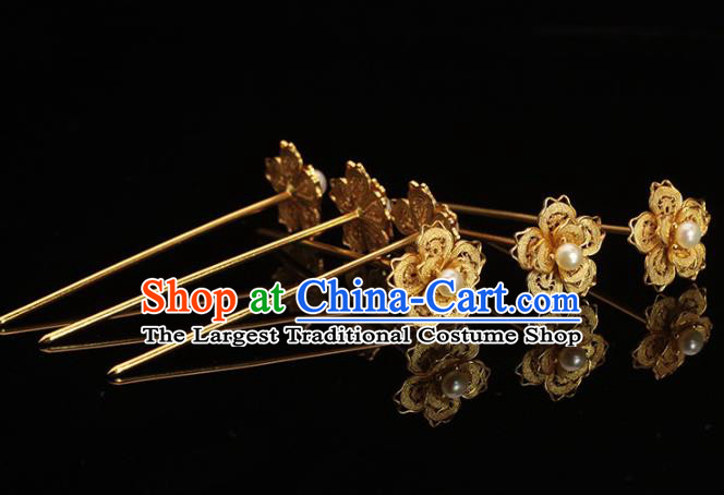 China Ancient Court Lady Pearl Hair Stick Traditional Hair Accessories Ming Dynasty Golden Hairpin