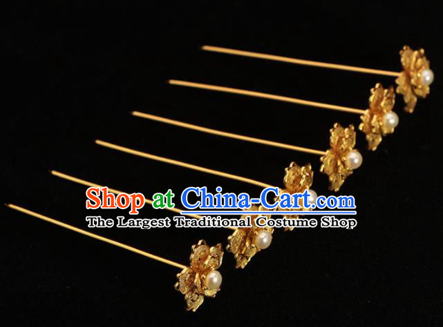 China Ancient Court Lady Pearl Hair Stick Traditional Hair Accessories Ming Dynasty Golden Hairpin