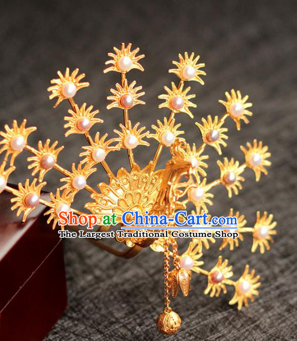 China Ancient Empress Pearls Hair Crown Traditional Hair Accessories Ming Dynasty Golden Phoenix Hairpin
