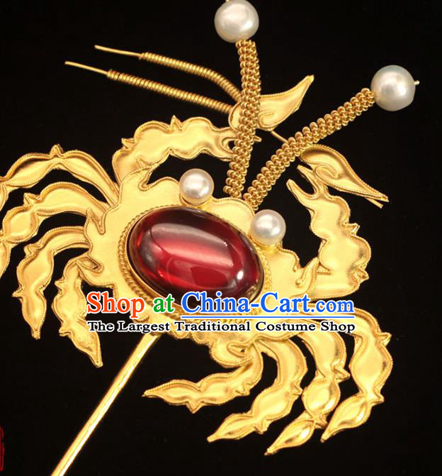 China Ancient Empress Ruby Hair Stick Traditional Hair Accessories Ming Dynasty Golden Crab Hairpin