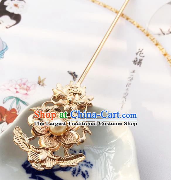 China Traditional Hanfu Pearl Hair Stick Ancient Princess Hair Accessories Golden Plum Hairpin