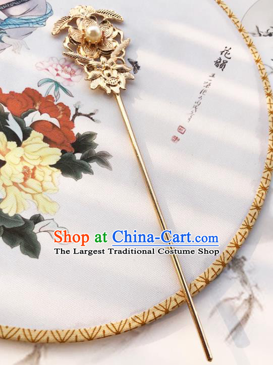 China Traditional Hanfu Pearl Hair Stick Ancient Princess Hair Accessories Golden Plum Hairpin