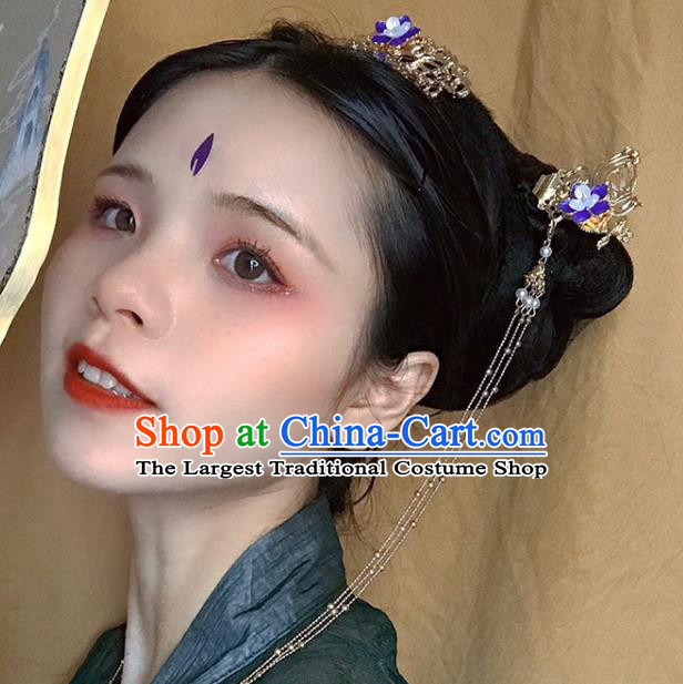 China Ancient Princess Hair Accessories Traditional Hanfu Blueing Plum Hair Crown and Tassel Hairpin
