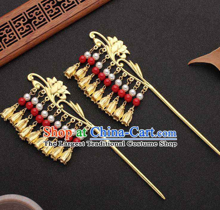 China Ancient Tang Dynasty Palace Lady Hairpin Traditional Hanfu Golden Lotus Hair Stick