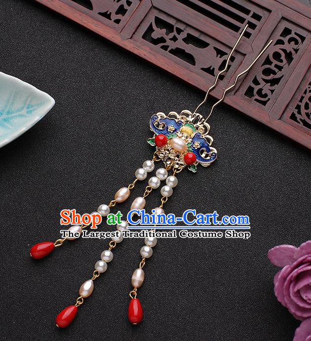 China Traditional Hanfu Blueing Bat Hair Stick Ancient Ming Dynasty Princess Pearls Tassel Hairpin