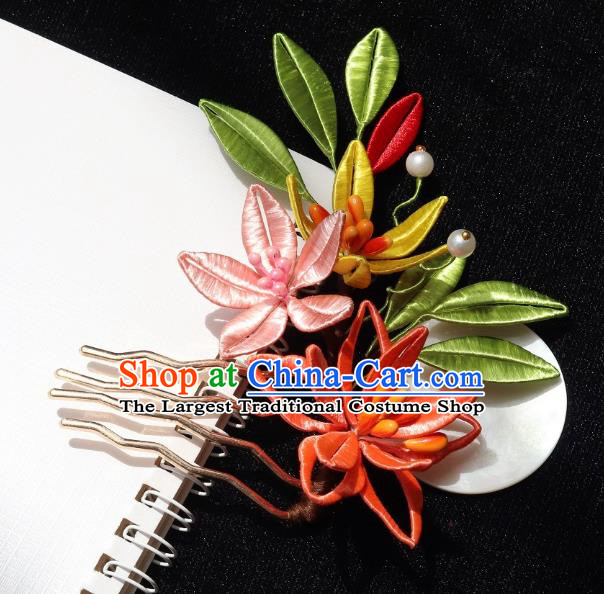China Traditional Hanfu Silk Flowers Hair Comb Ancient Ming Dynasty Princess Lily Flowers Hairpin