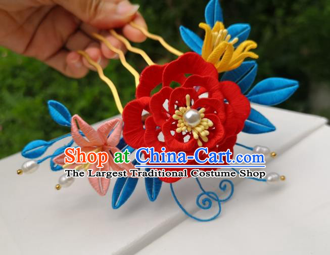 China Traditional Hanfu Red Silk Peony Hair Comb Ancient Ming Dynasty Princess Hairpin