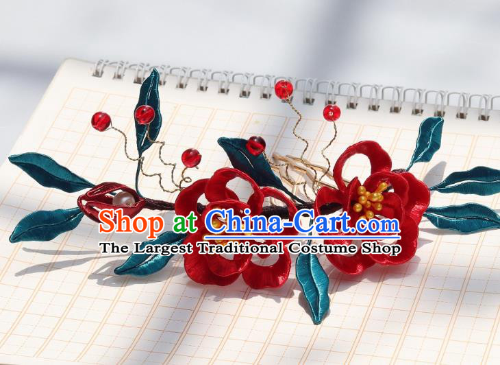 China Ancient Song Dynasty Princess Hairpin Traditional Hanfu Red Silk Plum Blossom Hair Comb