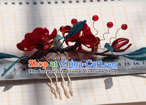 China Ancient Song Dynasty Princess Hairpin Traditional Hanfu Red Silk Plum Blossom Hair Comb