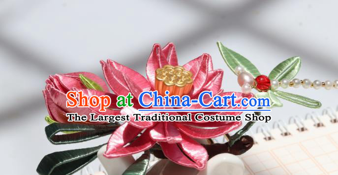 China Ancient Song Dynasty Pearls Dragonfly Hairpin Traditional Hanfu Pink Silk Lotus Hair Comb