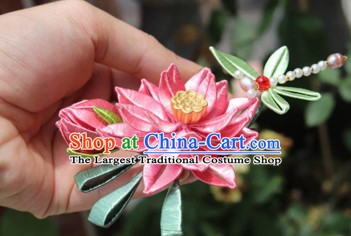 China Ancient Song Dynasty Pearls Dragonfly Hairpin Traditional Hanfu Pink Silk Lotus Hair Comb