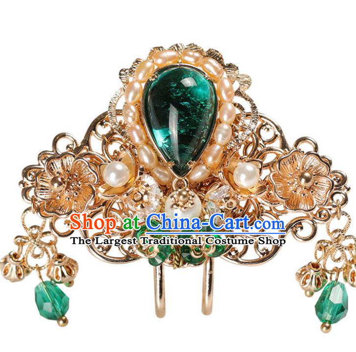China Traditional Hanfu Pearls Hair Crown Ancient Ming Dynasty Princess Green Crystal Hairpin