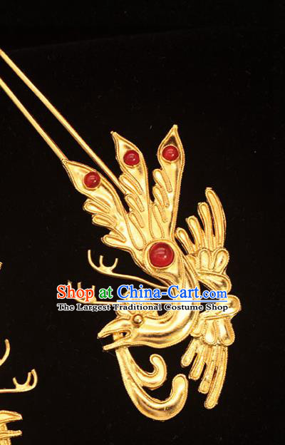 China Traditional Ming Dynasty Ruby Hairpin Hair Accessories Ancient Empress Golden Phoenix Hair Stick