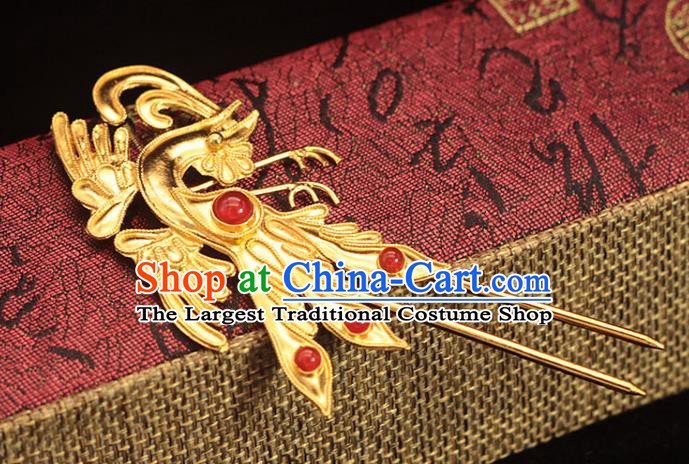 China Traditional Ming Dynasty Ruby Hairpin Hair Accessories Ancient Empress Golden Phoenix Hair Stick