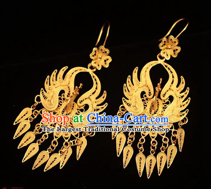Chinese Traditional Ming Dynasty Golden Phoenix Earrings Ancient Empress Filigree Ear Accessories