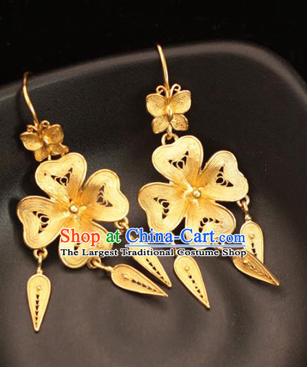 Chinese Ancient Empress Filigree Ear Accessories Traditional Ming Dynasty Golden Flower Earrings