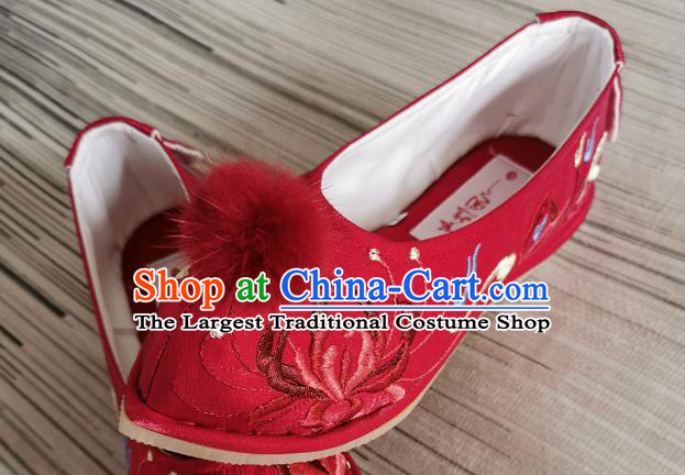 Handmade Chinese Wedding Embroidered Shoes Traditional Ming Dynasty Hanfu Shoes Red Satin Shoes