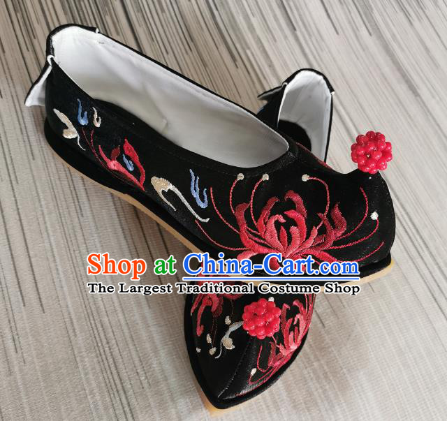 Handmade Chinese Satin Shoes Black Embroidered Shoes Traditional Ming Dynasty Hanfu Shoes