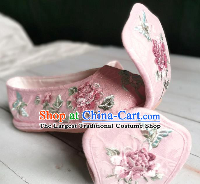 Handmade Chinese Hanfu Shoes Embroidered Peony Pink Shoes Traditional Han Dynasty Princess Shoes