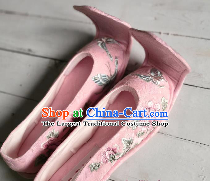 Handmade Chinese Hanfu Shoes Embroidered Peony Pink Shoes Traditional Han Dynasty Princess Shoes