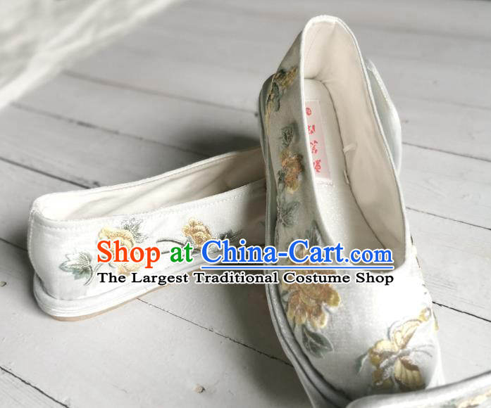Handmade Chinese Satin Shoes Han Dynasty Princess Shoes Traditional Hanfu Shoes Embroidered Yellow Peony Shoes