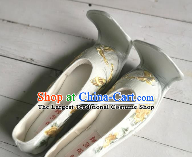 Handmade Chinese Satin Shoes Han Dynasty Princess Shoes Traditional Hanfu Shoes Embroidered Yellow Peony Shoes