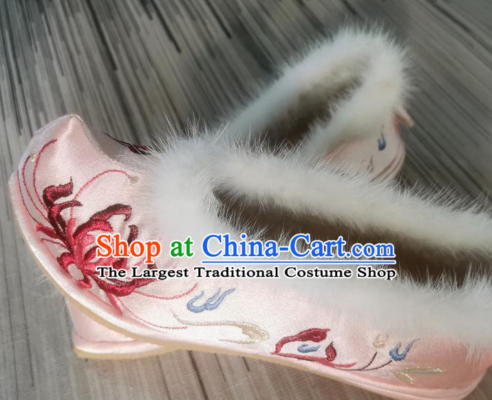 Handmade Chinese Princess Shoes Traditional Pink Satin Shoes Bow Shoes Embroidered Red Spider Lily Shoes