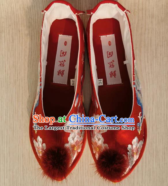 Handmade Chinese Traditional Wedding Hanfu Shoes Embroidered Phoenix Peony Shoes Red Satin Bow Shoes