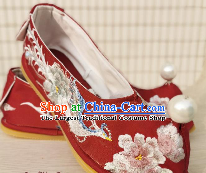 Handmade Chinese Traditional Wedding Hanfu Shoes Embroidered Phoenix Peony Shoes Red Satin Bow Shoes