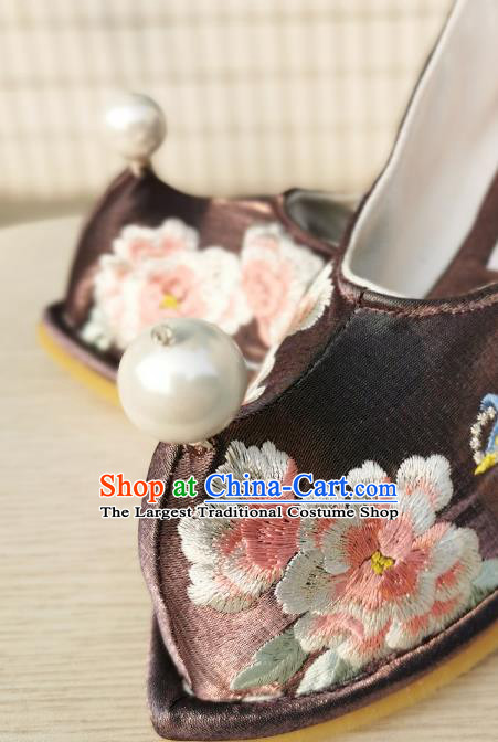 Handmade Chinese Embroidered Phoenix Peony Shoes Brown Satin Bow Shoes Traditional Wedding Hanfu Shoes