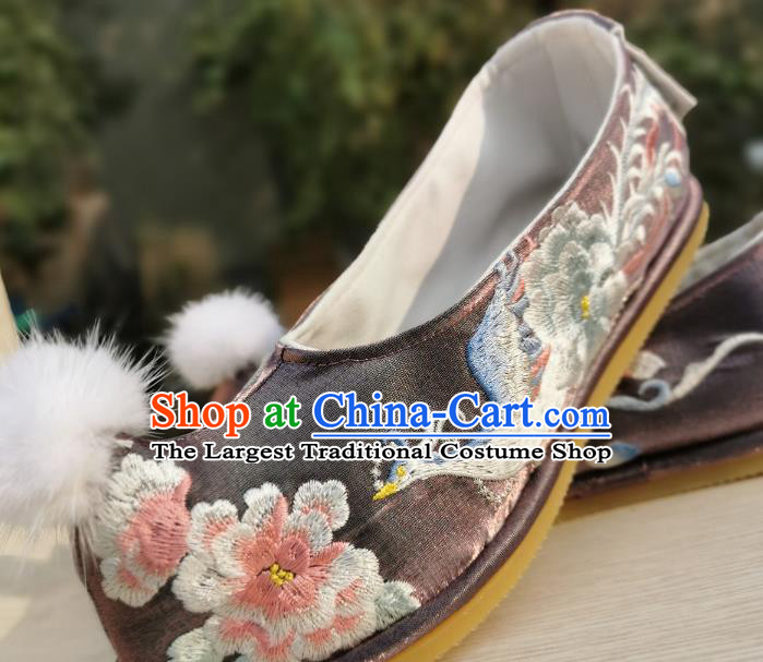 Handmade Chinese Embroidered Phoenix Peony Shoes Brown Satin Bow Shoes Traditional Wedding Hanfu Shoes