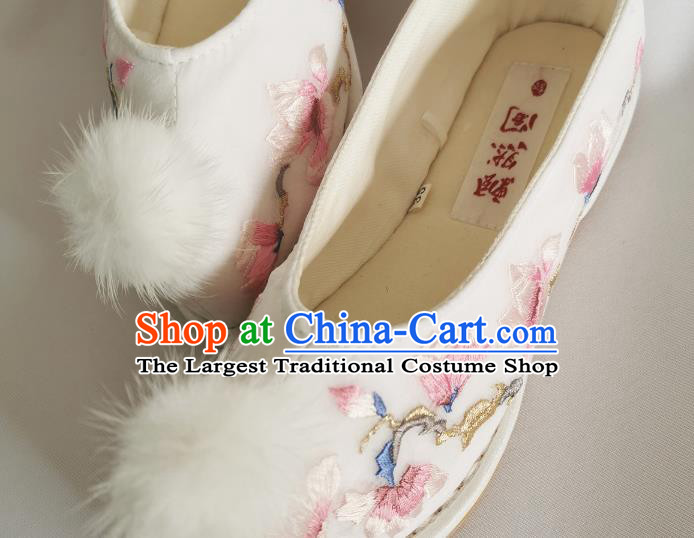 Handmade Chinese Traditional Hanfu Shoes Embroidered Mangnolia Shoes White Bow Shoes