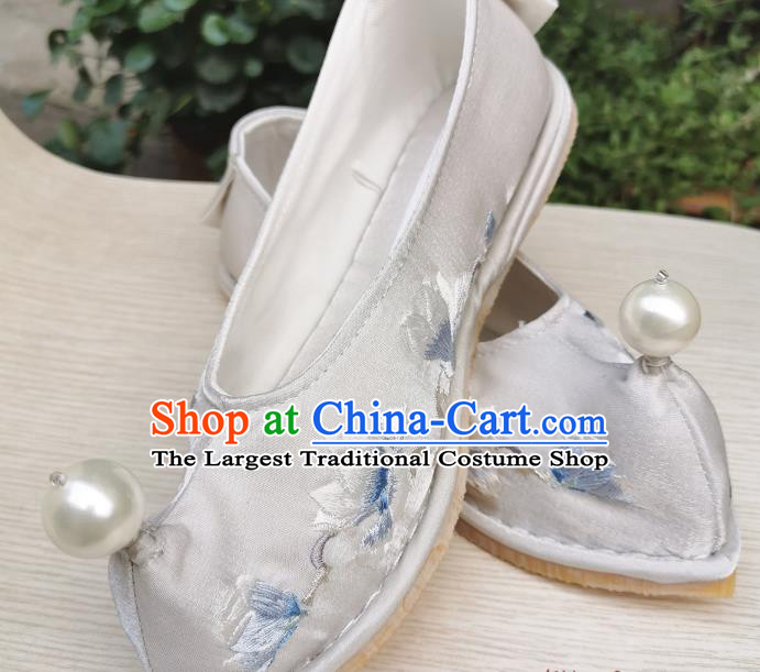 Handmade Chinese Grey Satin Bow Shoes Traditional Hanfu Shoes Embroidered Mangnolia Shoes