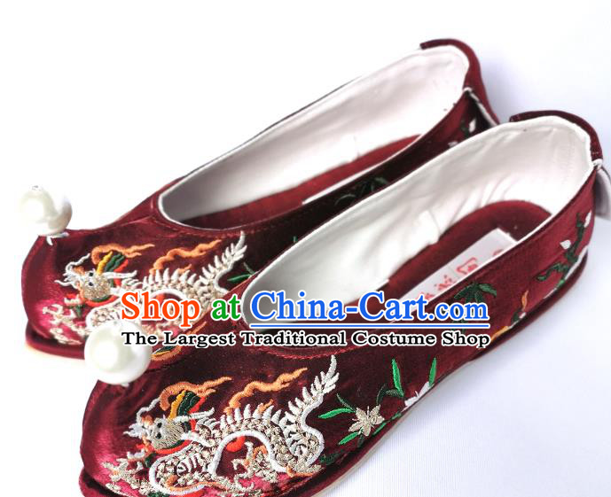 Handmade Chinese Traditional Hanfu Shoes Embroidered Dragon Shoes Wine Red Satin Bow Shoes
