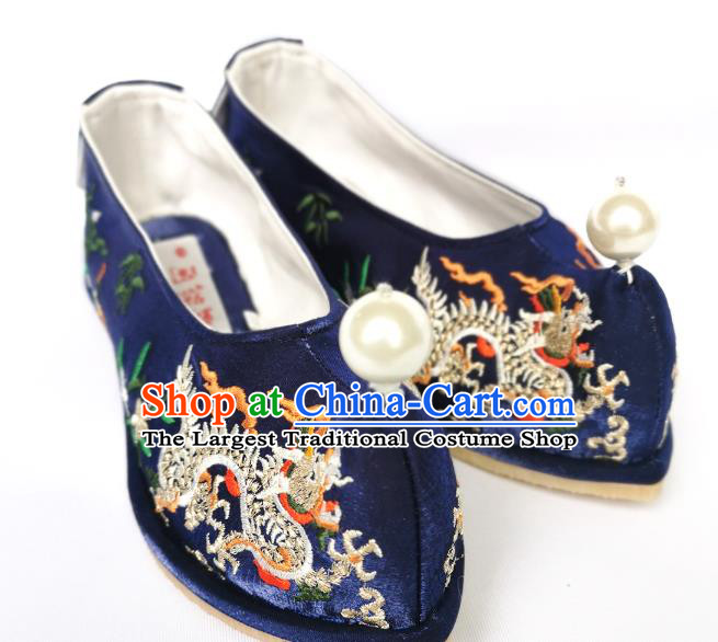 Handmade Chinese Royalblue Satin Bow Shoes Traditional Hanfu Shoes Embroidered Dragon Shoes