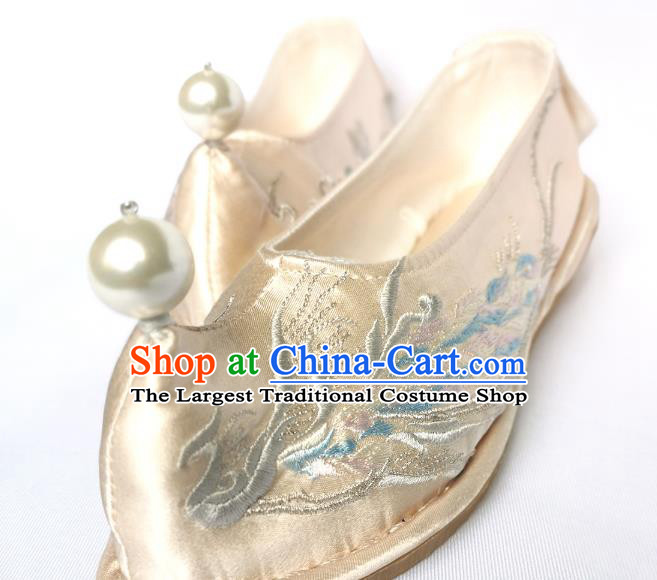 Handmade Chinese Embroidered Phoenix Shoes Light Golden Satin Bow Shoes Traditional Hanfu Shoes