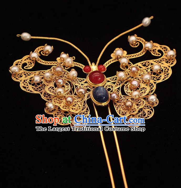China Ancient Empress Golden Butterfly Hair Stick Traditional Hair Accessories Ming Dynasty Pearls Hairpin