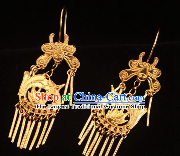 Chinese Ancient Empress Ear Accessories Traditional Ming Dynasty Golden Phoenix Earrings