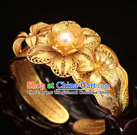 Handmade Chinese Ancient Palace Golden Bangle Jewelry Traditional Ming Dynasty Court Pearl Bracelet