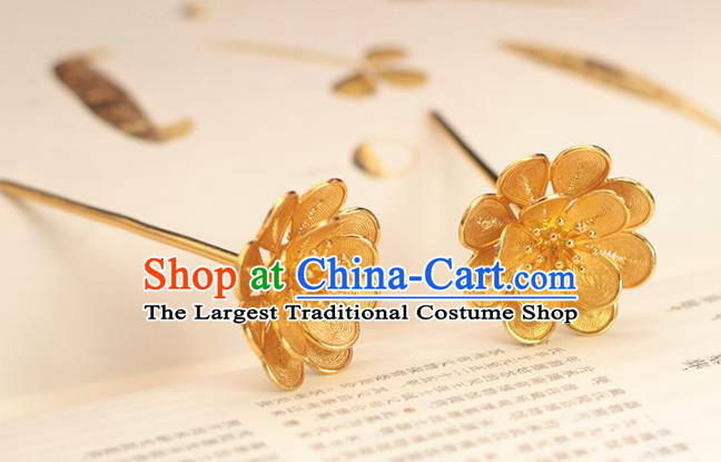 China Ming Dynasty Flowers Hairpin Traditional Hair Accessories Ancient Empress Golden Hair Stick