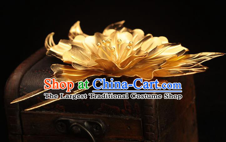 China Tang Dynasty Golden Peony Hairpin Traditional Hair Accessories Ancient Palace Woman Hair Stick