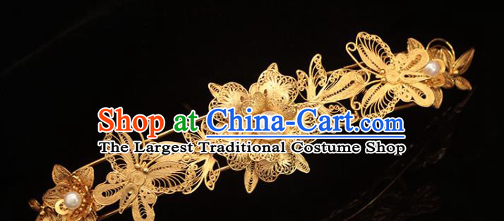 China Qing Dynasty Princess Golden Hairpin Traditional Hair Accessories Ancient Palace Lady Pearls Hair Crown