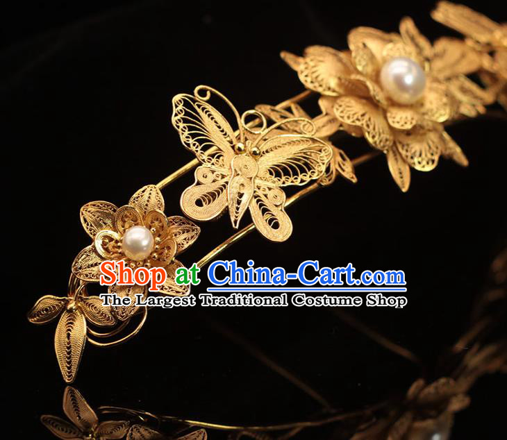 China Qing Dynasty Princess Golden Hairpin Traditional Hair Accessories Ancient Palace Lady Pearls Hair Crown