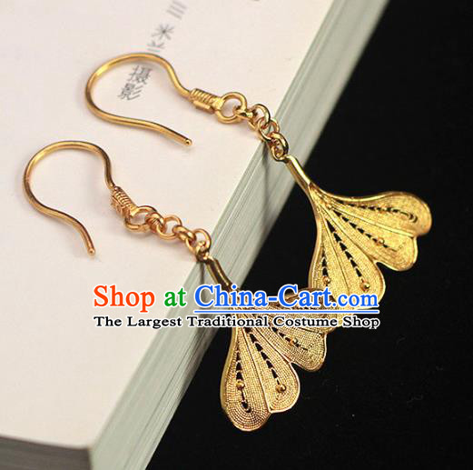 Chinese Ancient Princess Ear Accessories Traditional Ming Dynasty Golden Ginkgo Leaf Earrings