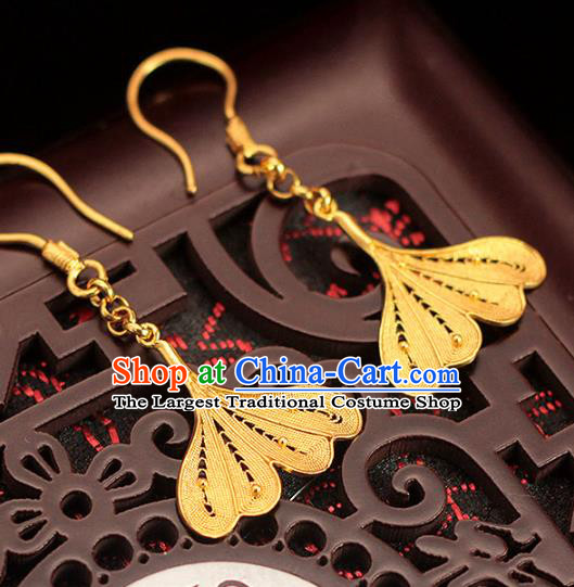 Chinese Ancient Princess Ear Accessories Traditional Ming Dynasty Golden Ginkgo Leaf Earrings