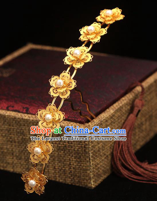 China Ancient Empress Golden Plum Hair Crown Traditional Hair Accessories Ming Dynasty Pearls Hairpin