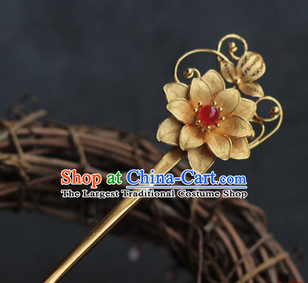 China Ming Dynasty Golden Lotus Hairpin Traditional Hair Accessories Ancient Princess Hair Stick